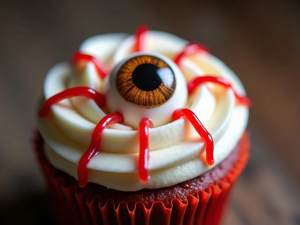 Close-up of bloodshot gel details on a spooky eyeball cupcake