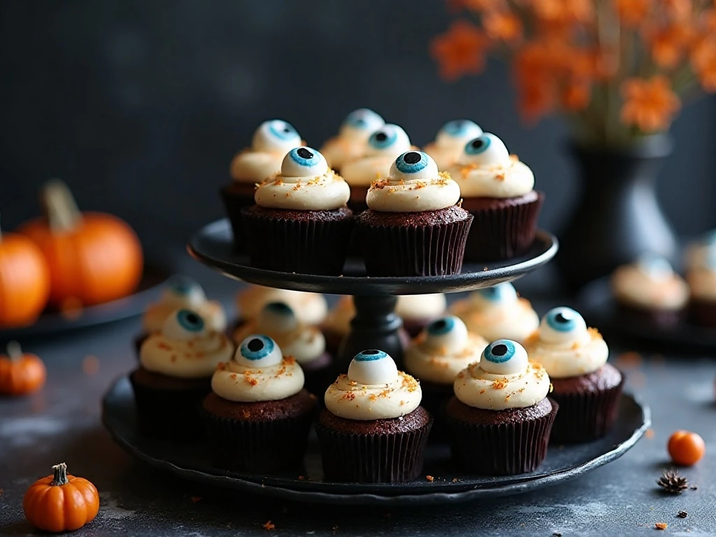 Halloween eyeball cupcakes ready to serve at a party