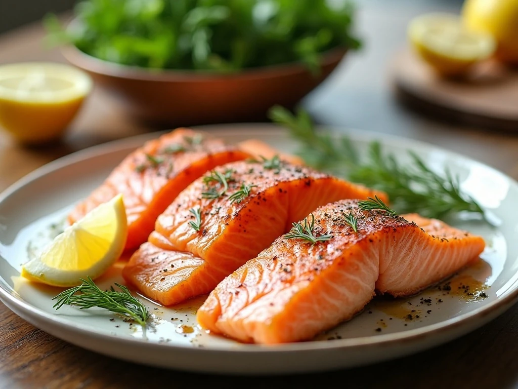 Four tender baked salmon fillets served with lemon wedges and dill