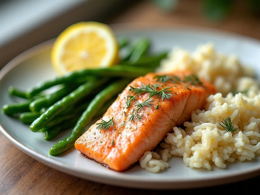 Baked salmon served with green beans, rice, and lemon