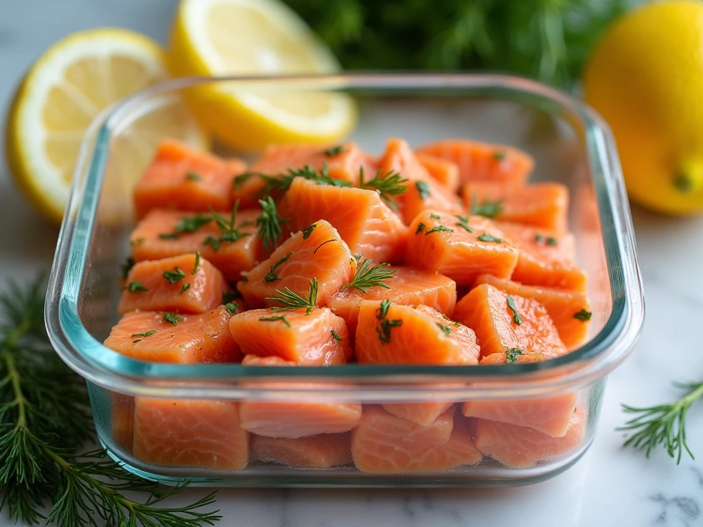 Stored leftover baked salmon with lemon and dill
