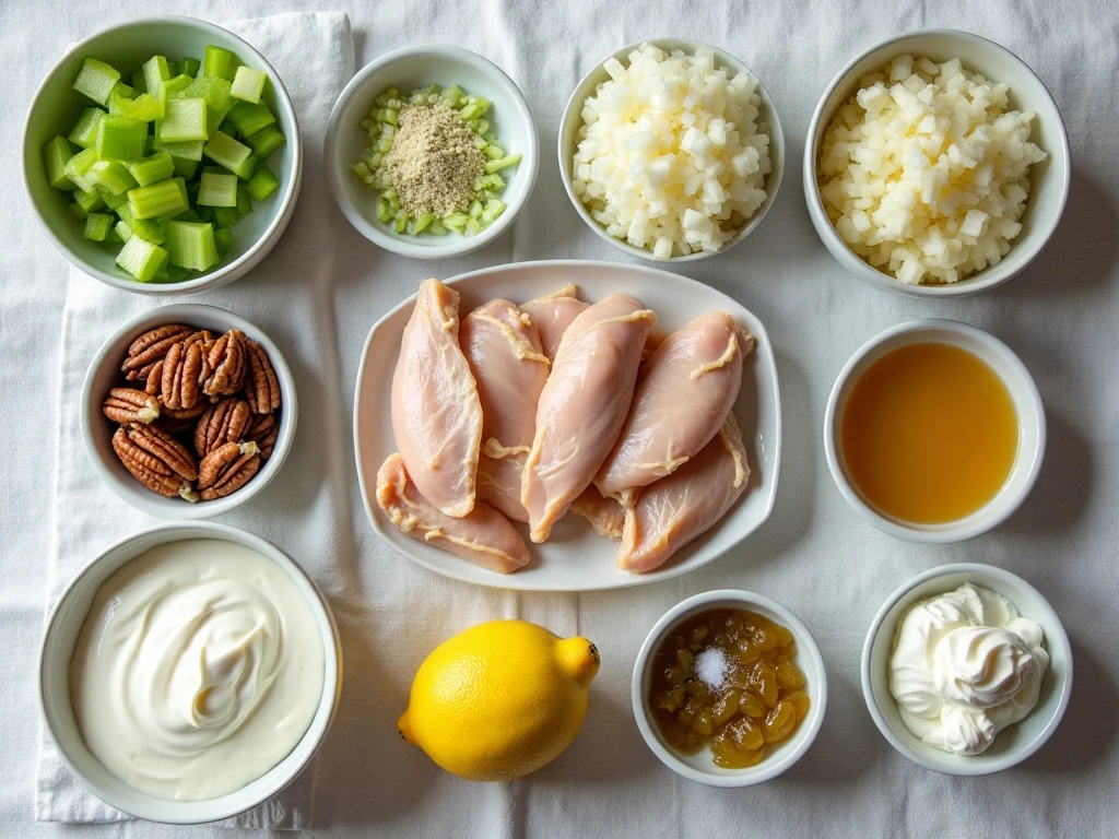 Ingredients for fabulous tea room-style chicken salad arranged for cooking