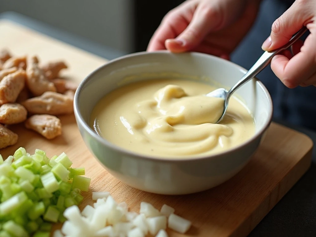 Mixing finely chopped chicken and creamy dressing for tea-room chicken salad
