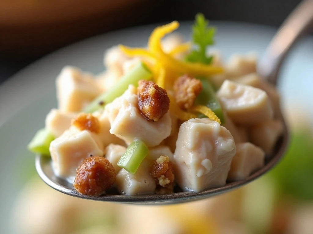 Close-up of creamy finely chopped chicken salad with celery and pecans