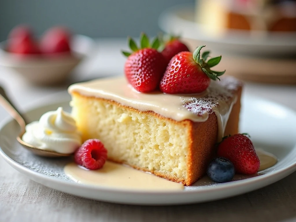 Butter cake served with berries and whipped cream