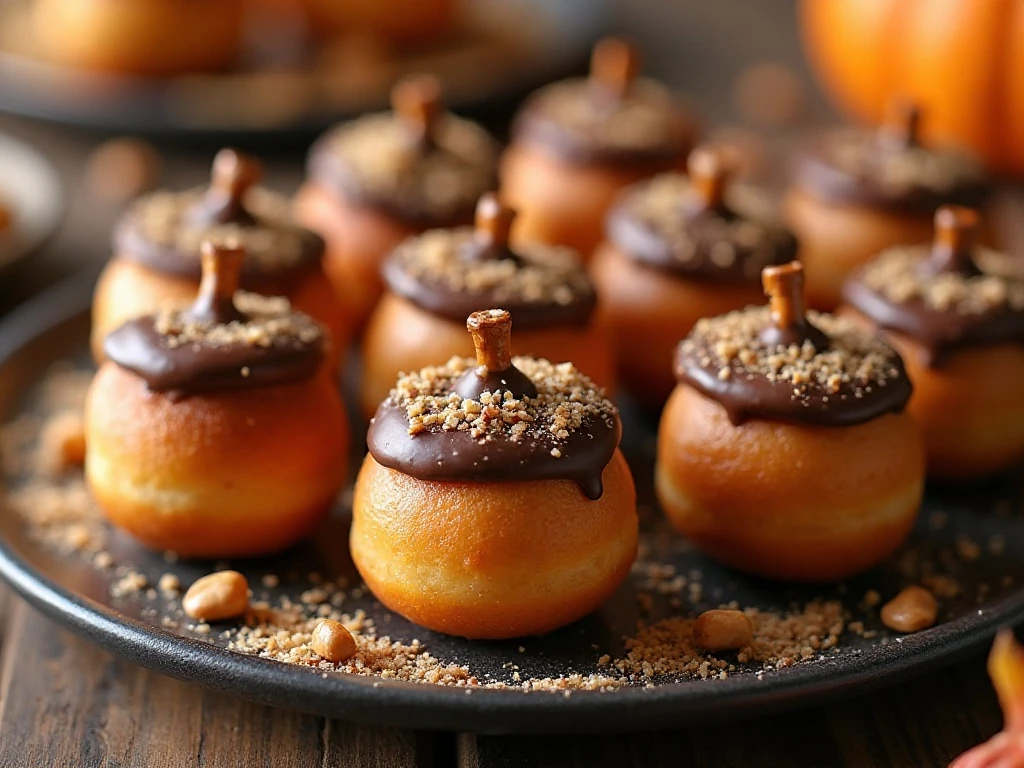 A platter of homemade acorn doughnuts for an autumn party