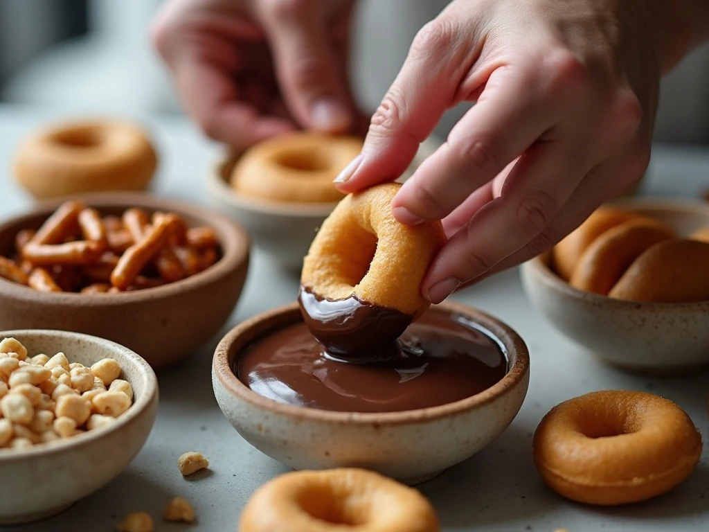 Dipping mini doughnut holes in melted chocolate