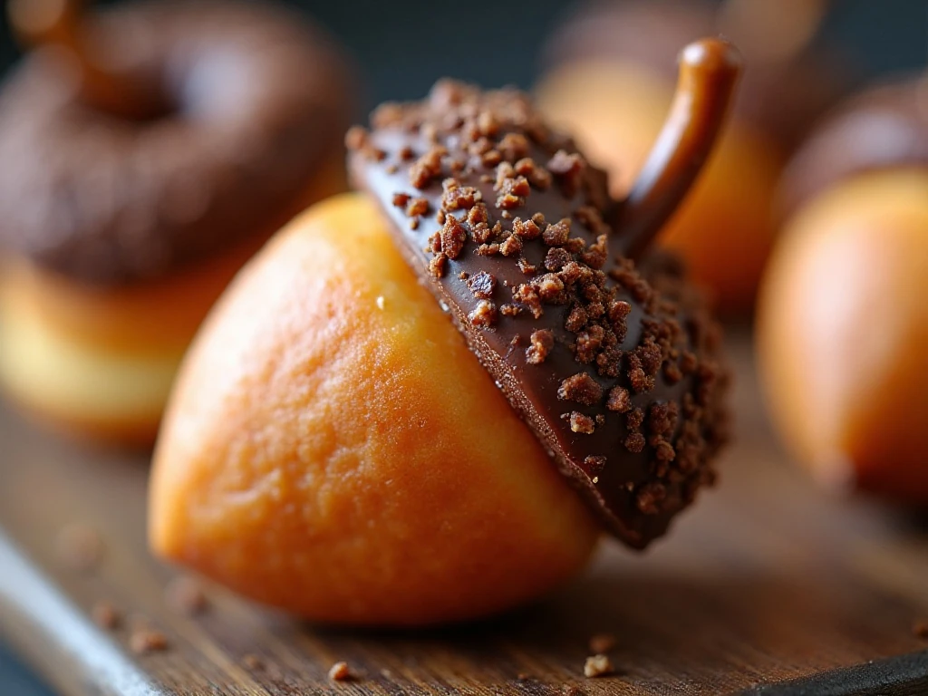 Close-up of the chocolate nut cap and pretzel stem on an acorn doughnut