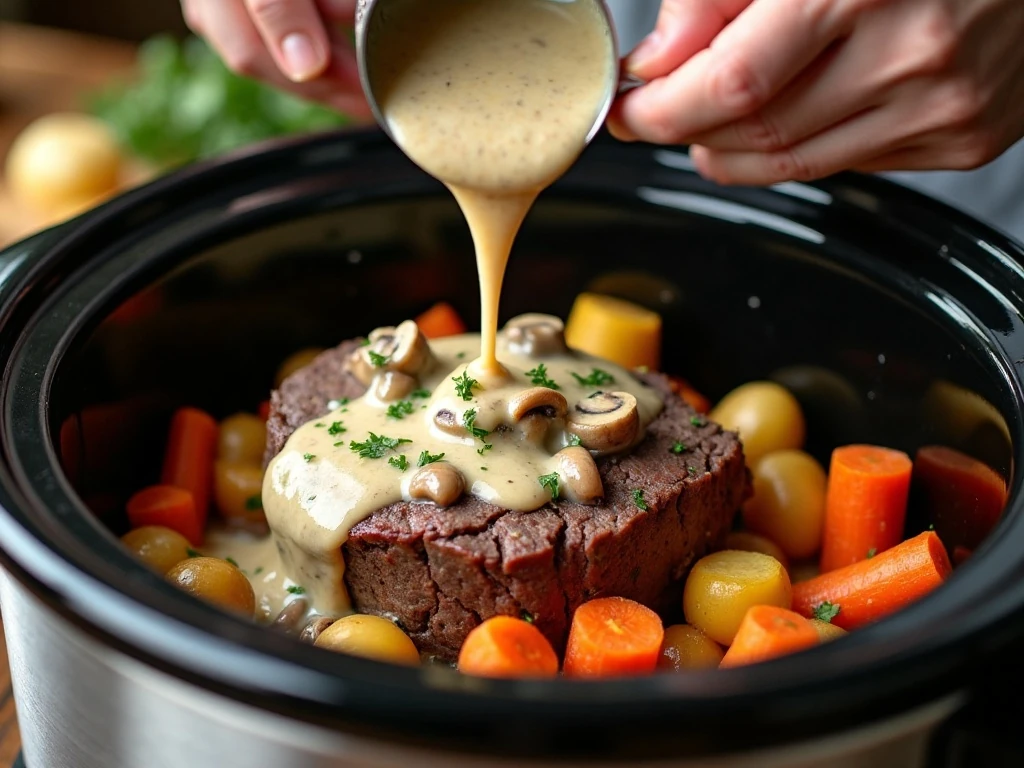 Creamy onion mushroom sauce poured over chuck roast in a slow cooker