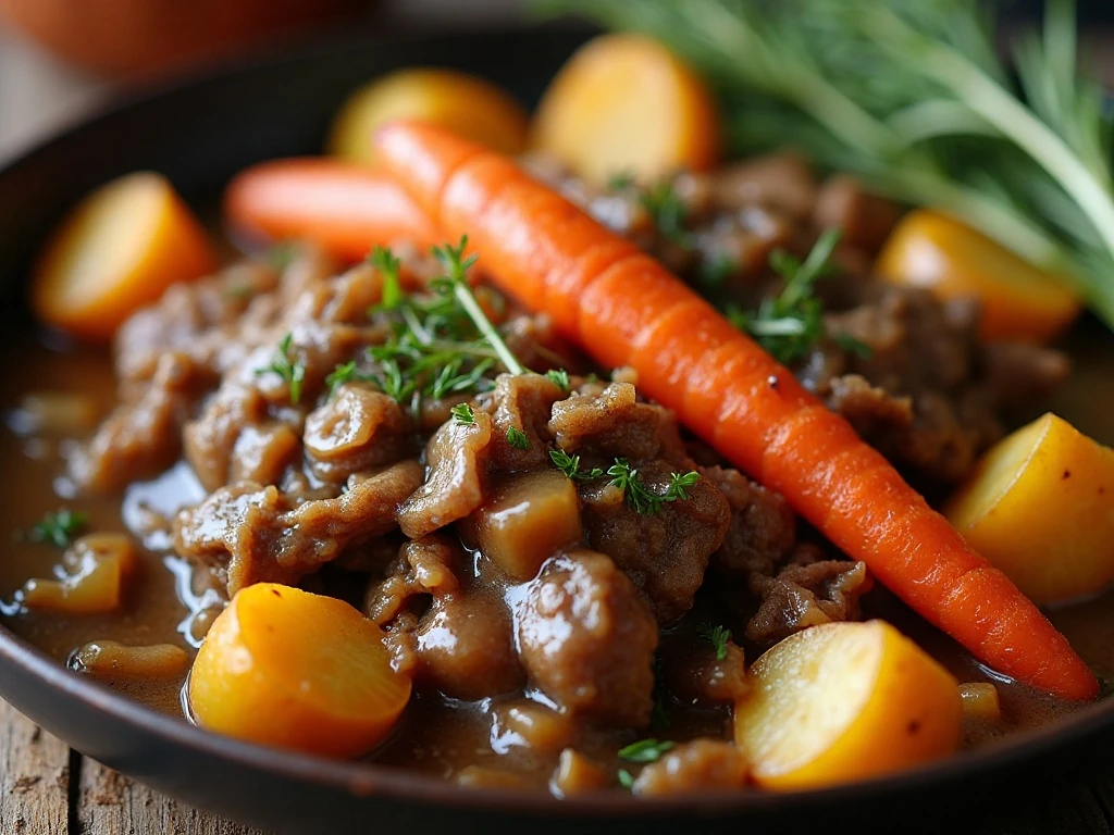 Tender roast vegetables and shredded beef covered in savory gravy
