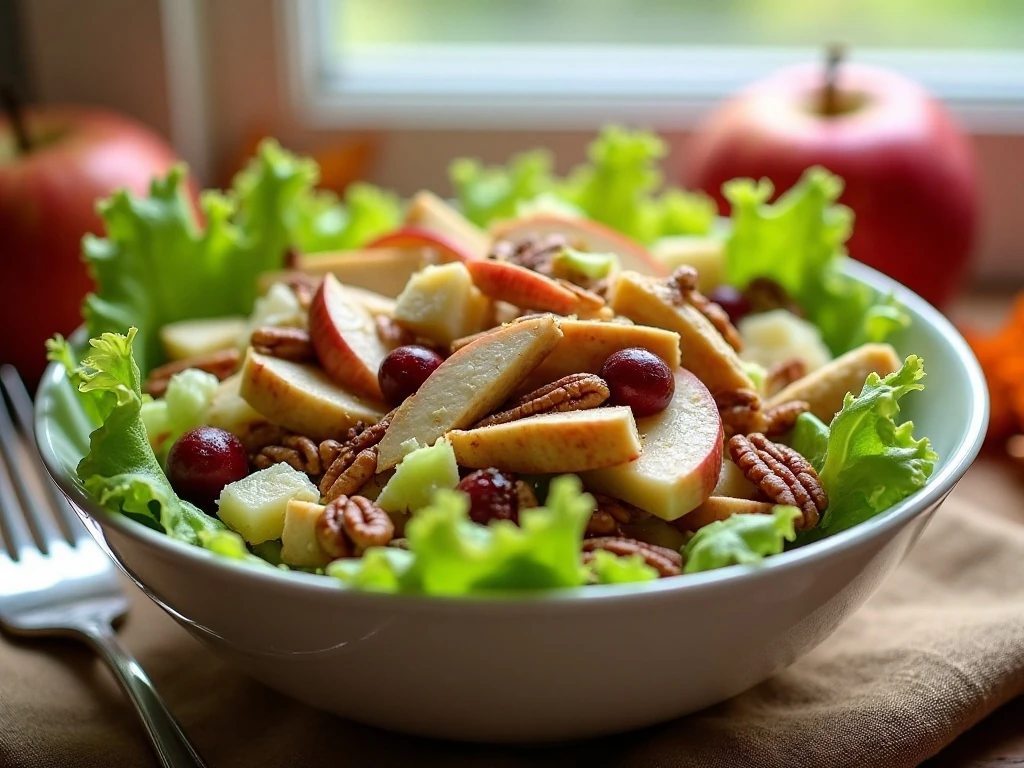Fall apple pecan chicken salad served over crisp lettuce