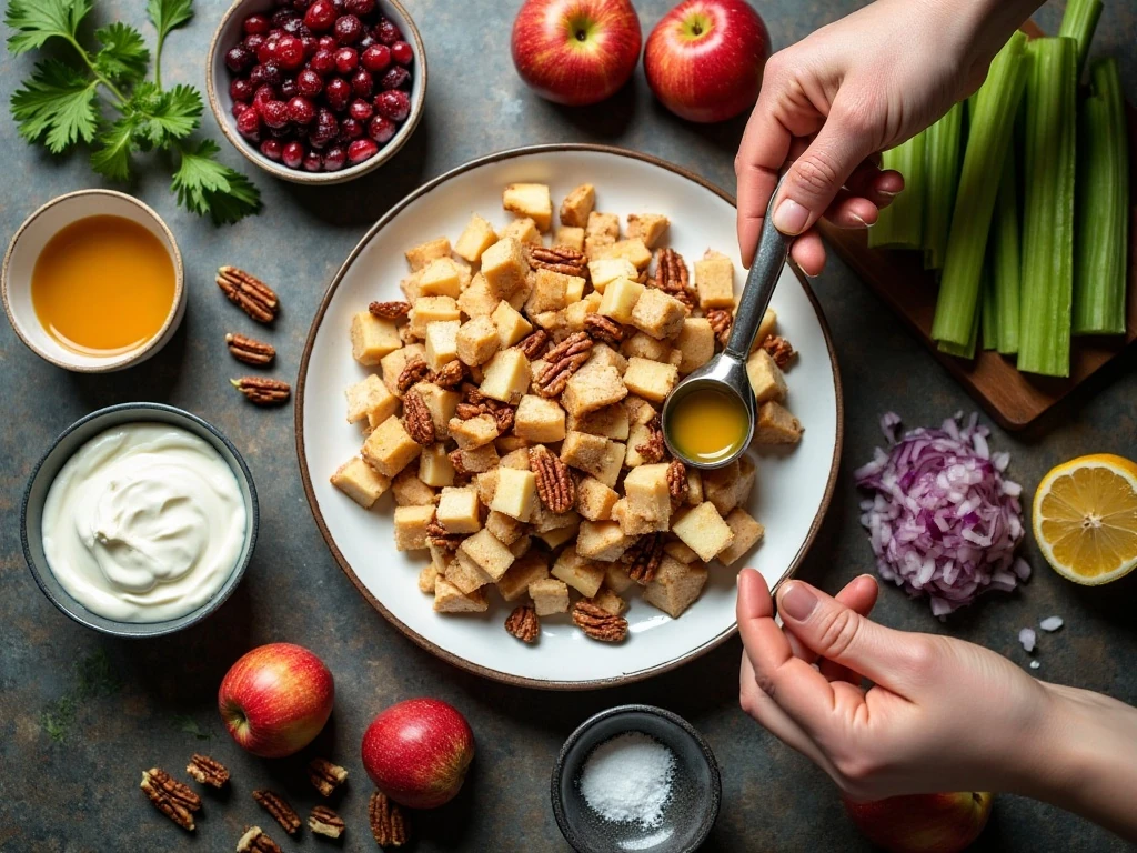 Ingredients for apple pecan chicken salad arranged on a counter