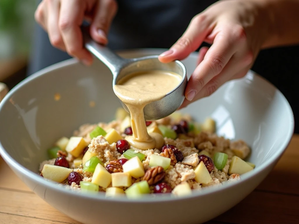 Mixing chicken salad ingredients with creamy dressing