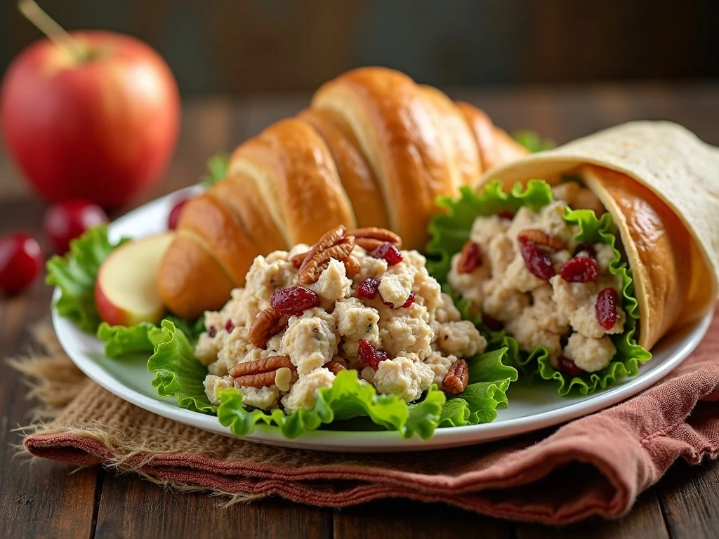 Apple pecan chicken salad served in lettuce, croissant, and wrap