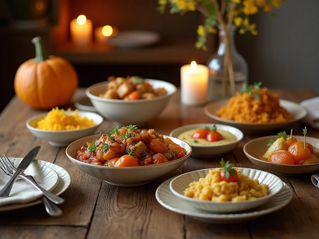 A cozy autumn table arranged with assorted fall side dishes