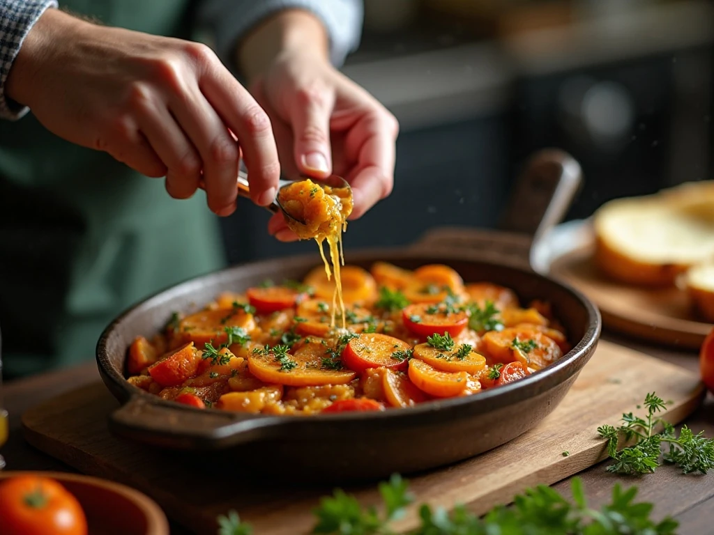 Preparing a warm seasonal side dish in a baking dish
