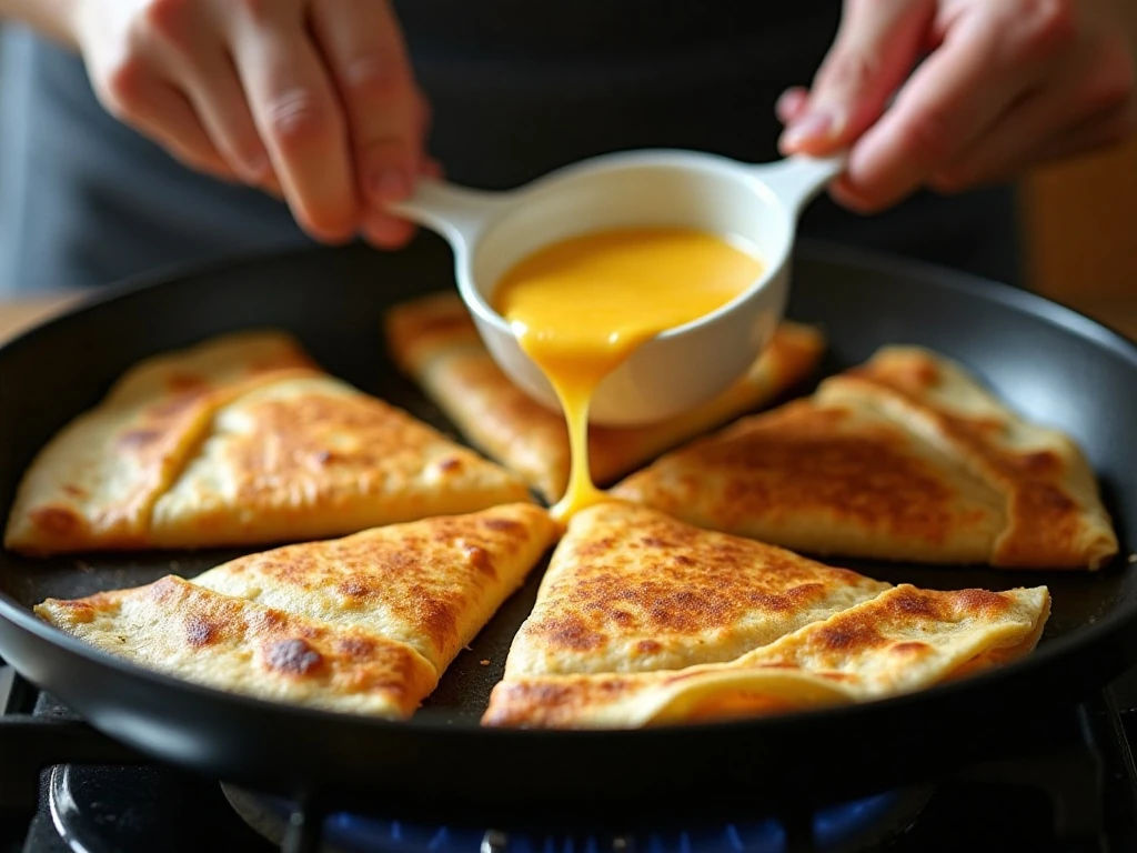 Cheese quesadillas cooking in a nonstick skillet