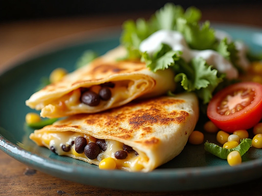 Crisp quesadilla wedge with melted cheese beside fresh salad