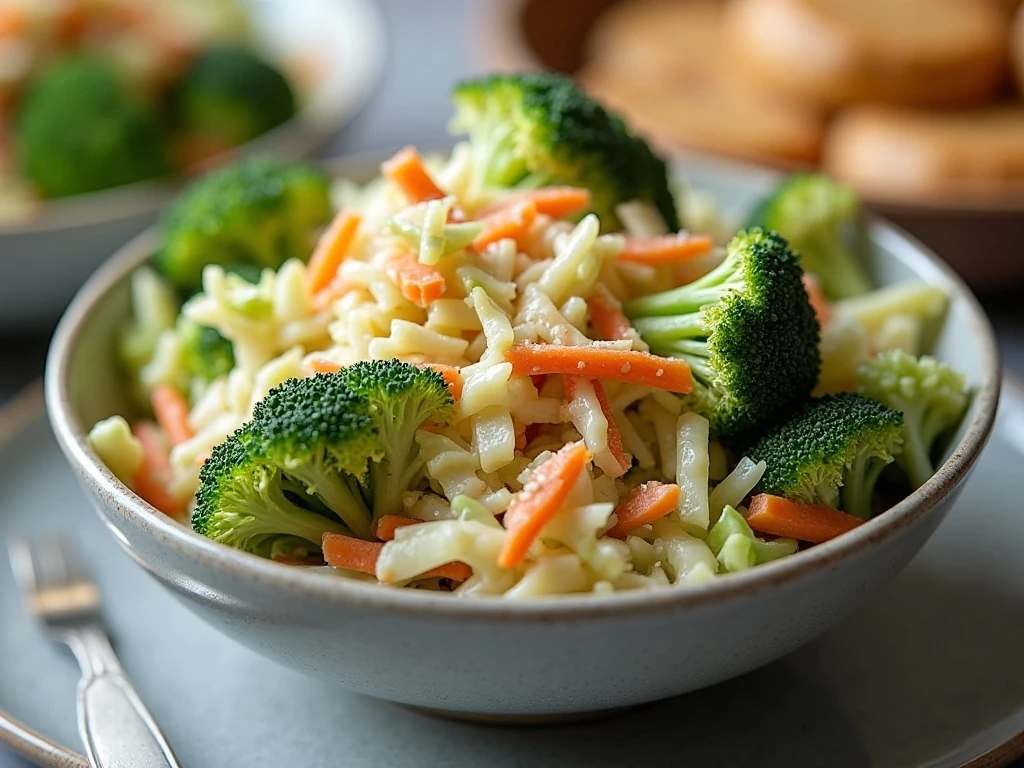 Creamy five-ingredient broccoli slaw served as a crisp side dish