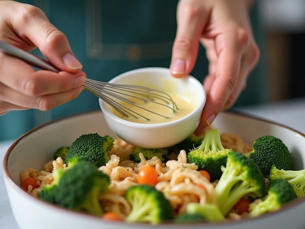 Whisking the creamy sweet-tart dressing for broccoli slaw