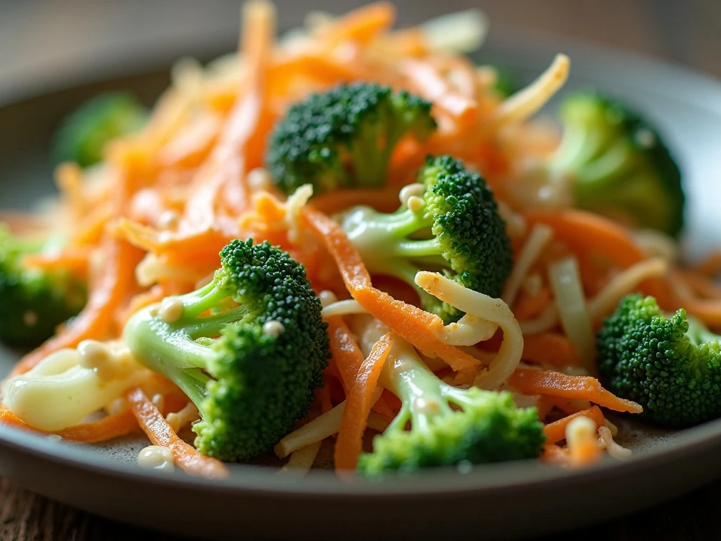Close-up showing the crisp texture of creamy broccoli slaw