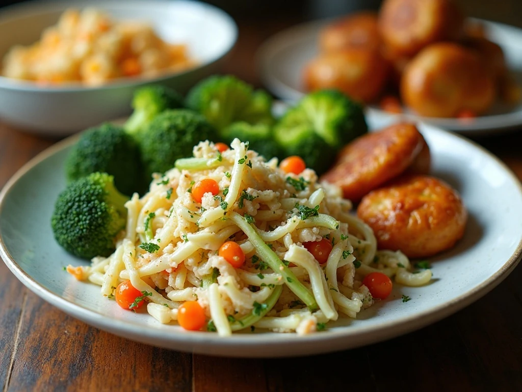 Broccoli slaw served alongside a family dinner