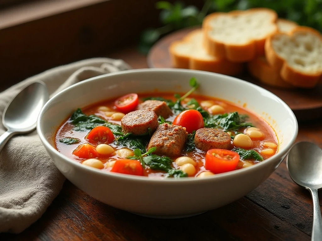 Bowl of Italian sausage, white bean, and spinach soup served with crusty bread