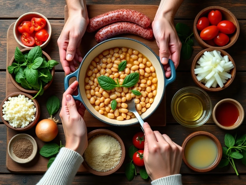 Ingredients for Italian sausage, white bean, and spinach soup arranged for cooking