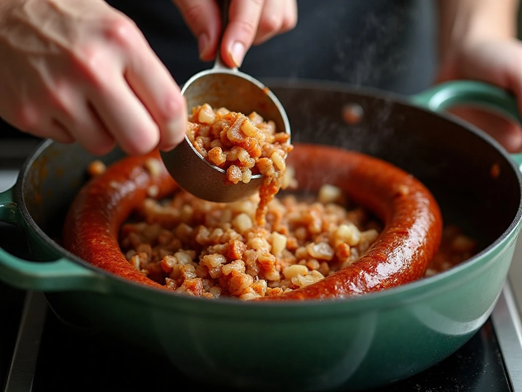 Italian sausage and onion browning in a Dutch oven for soup