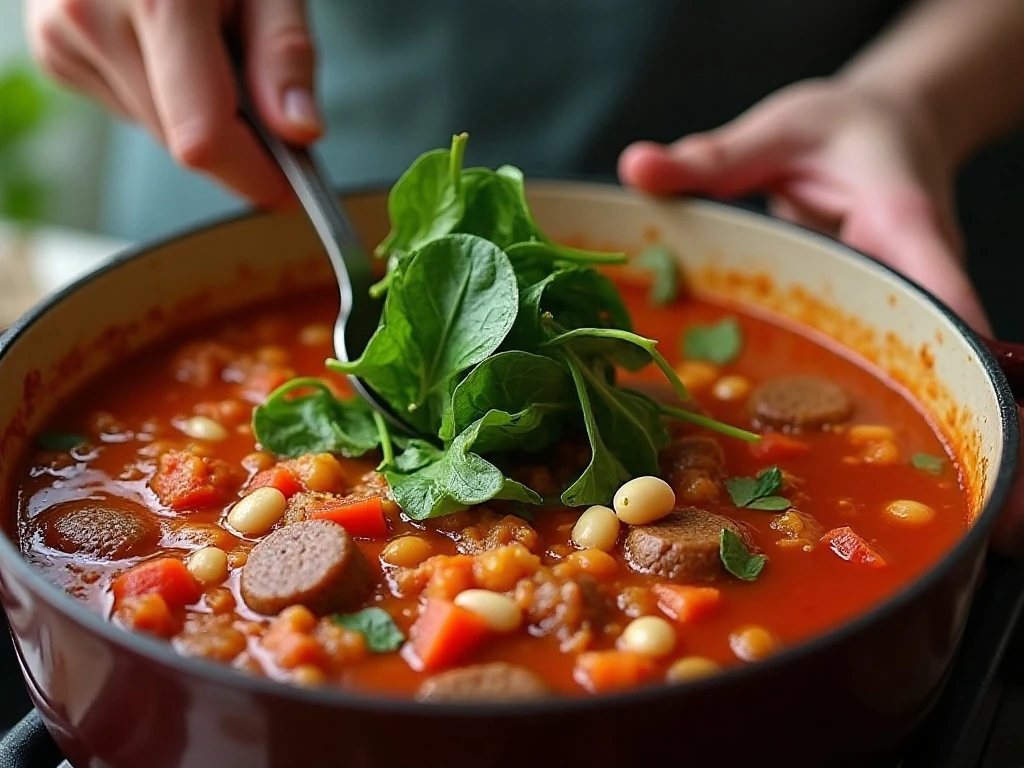Baby spinach stirred into Italian sausage and white bean soup