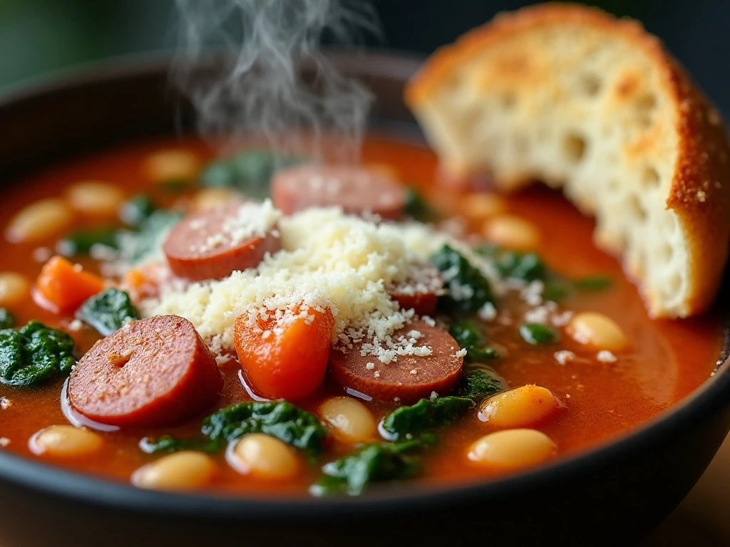 Parmesan-topped Italian sausage, white bean, and spinach soup ready to serve