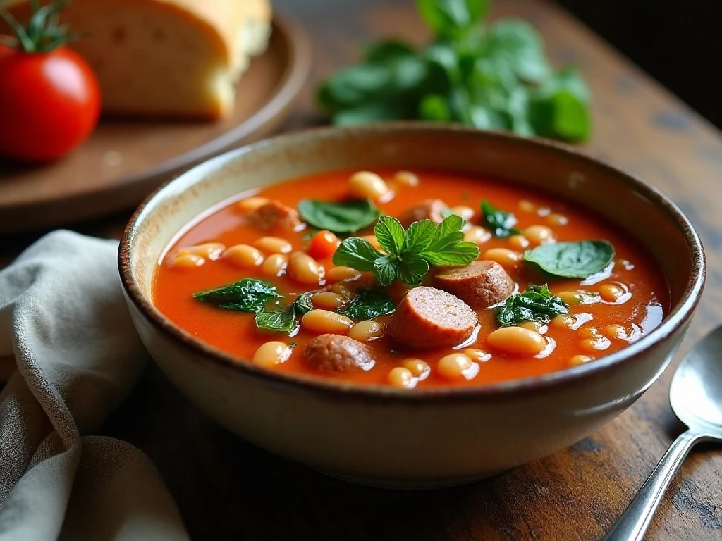 Hearty Italian sausage, white bean, and spinach soup served with crusty bread