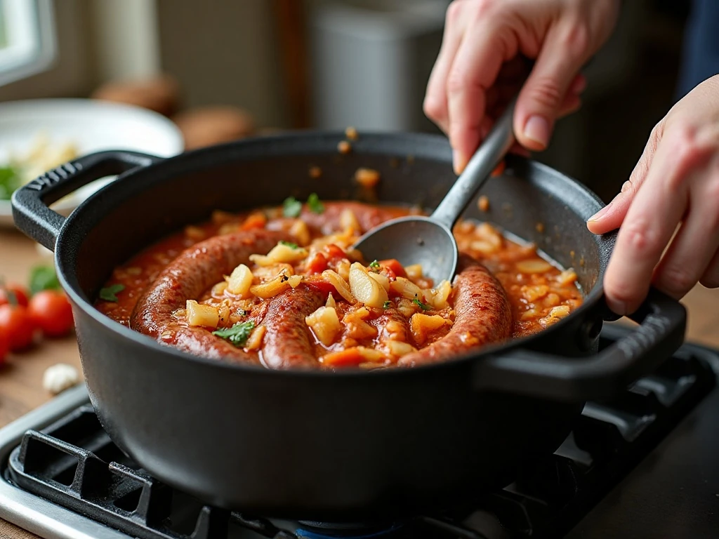 Browning Italian sausage and onion in a pot for white bean soup