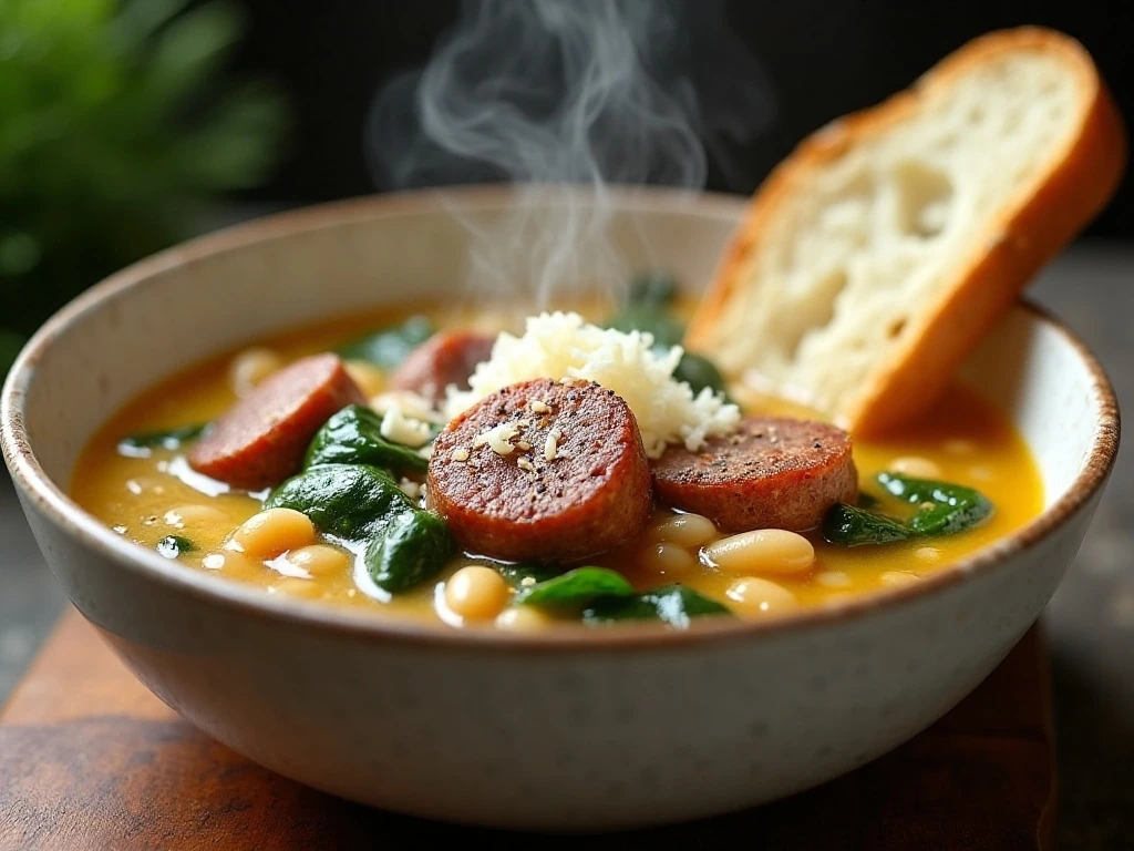Italian sausage white bean soup topped with Parmesan and served with bread