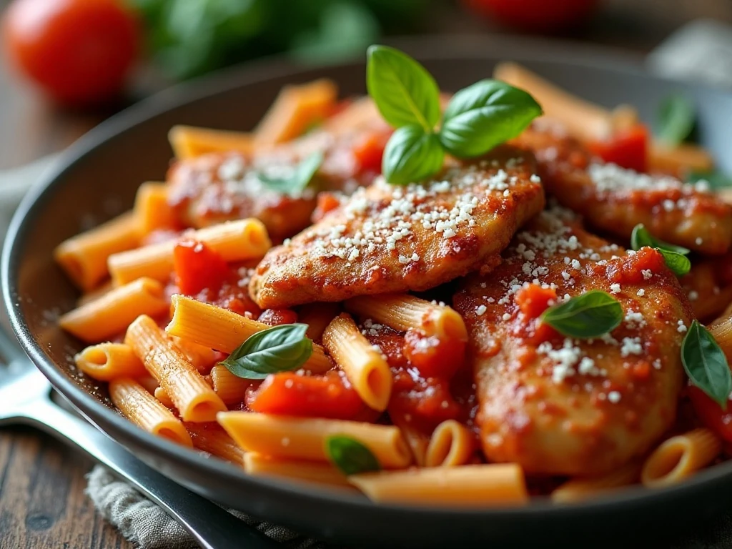 Bowl of quick and easy Italian chicken pasta with tomato sauce and Parmesan