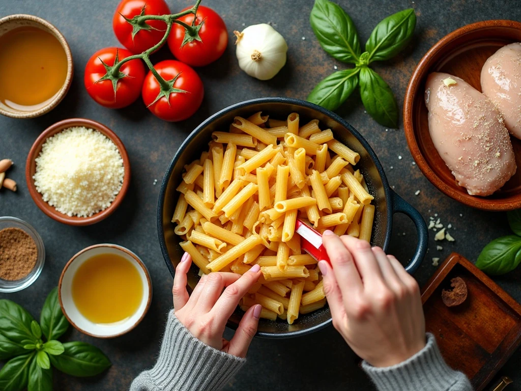 Ingredients for Italian chicken pasta arranged for cooking
