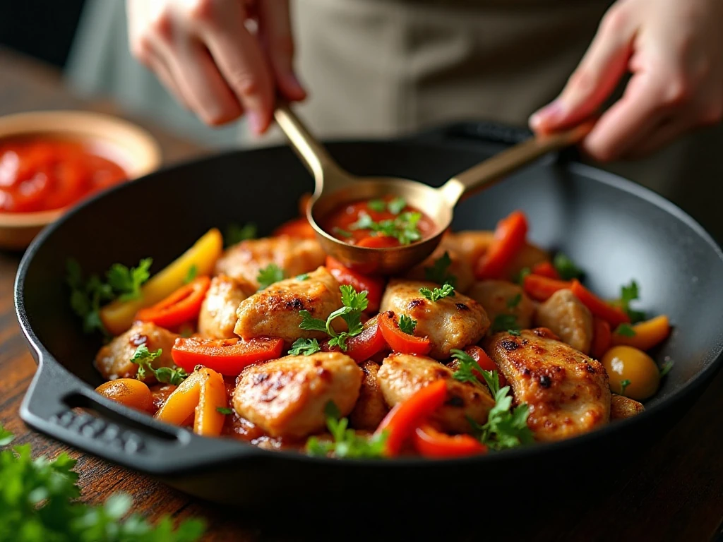 Chicken and vegetables cooking in a skillet for Italian pasta