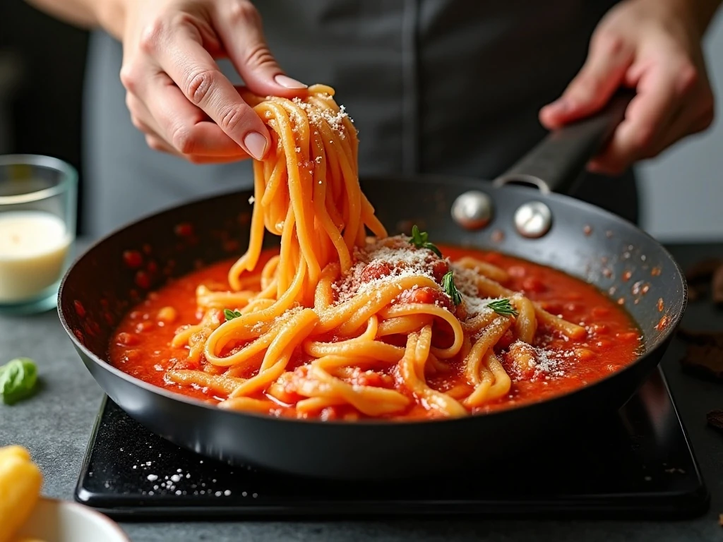 Pasta being tossed with tomato sauce in a skillet