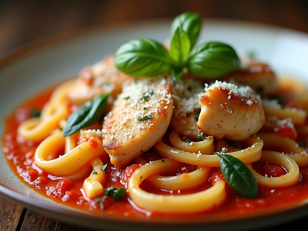 Italian chicken pasta finished with Parmesan and fresh basil