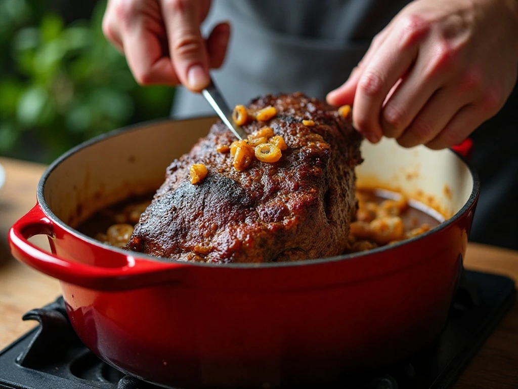 Searing chuck roast in a Dutch oven for pot roast