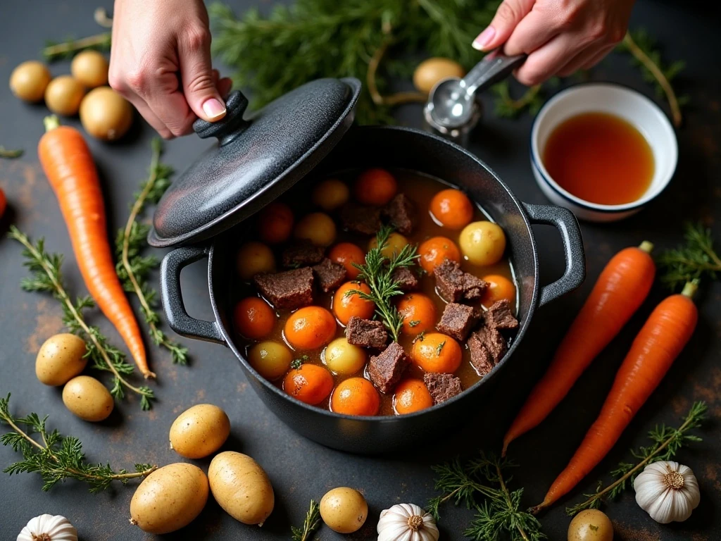 Covered Dutch oven braising pot roast with vegetables