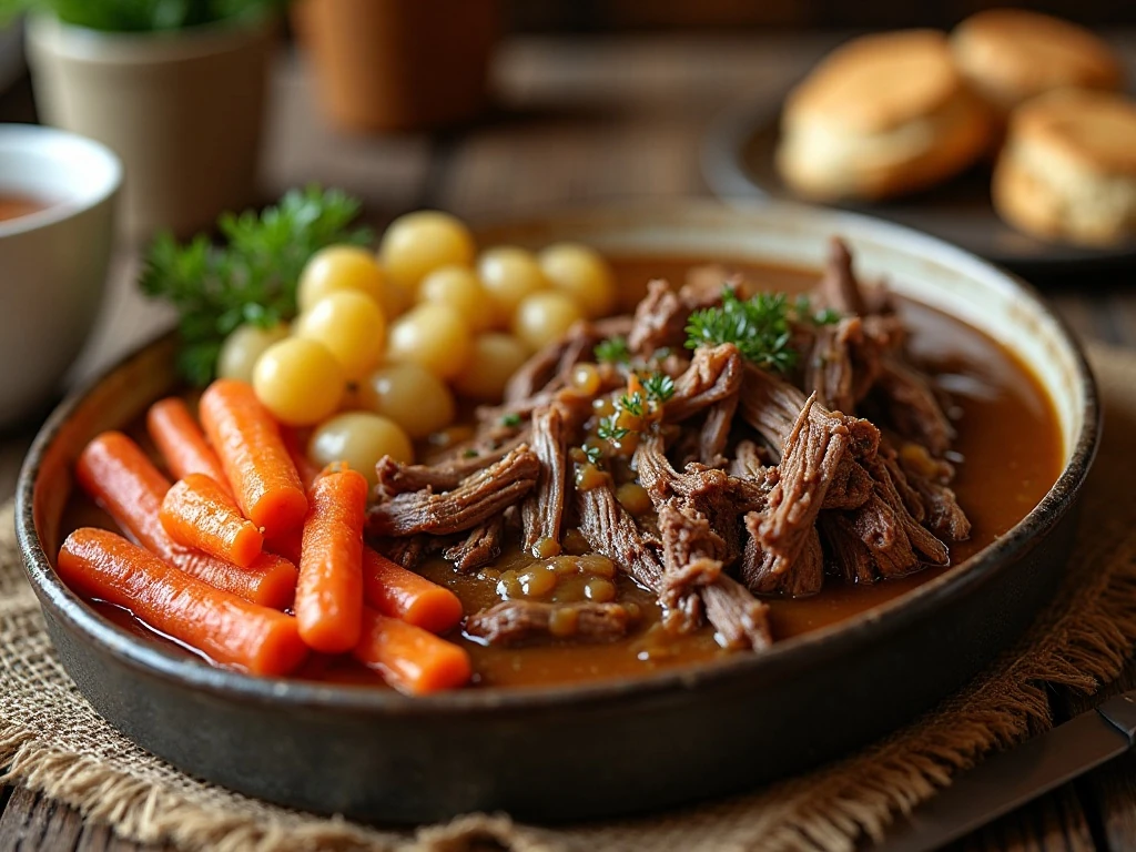Pot roast served with carrots potatoes gravy and biscuits