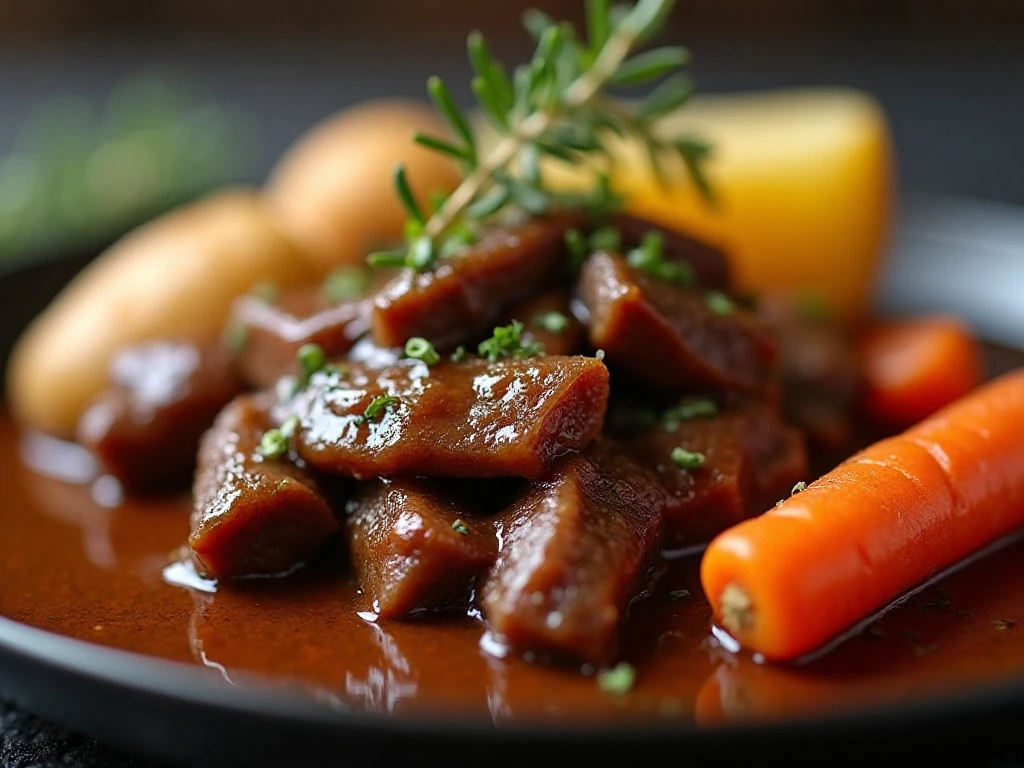 Close-up of tender pot roast with gravy and thyme