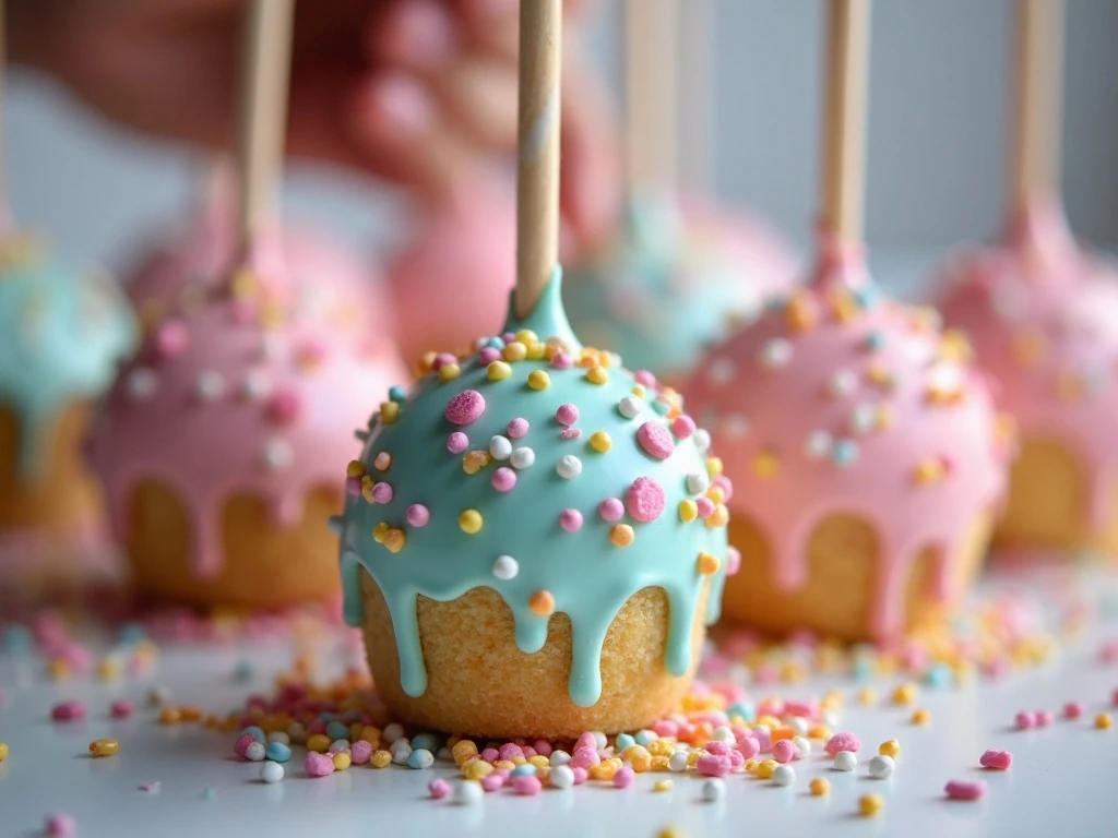 Cake pops decorated with colorful sprinkles and toppings