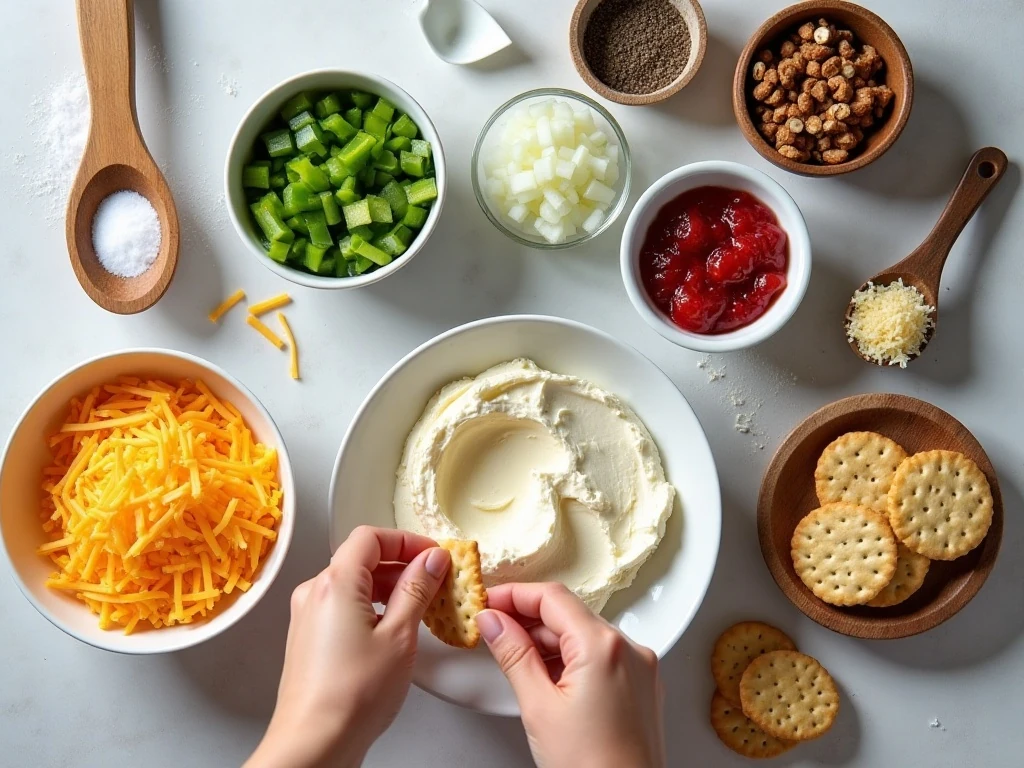 Ingredients for a festive cheese ring with strawberry preserves and pecans