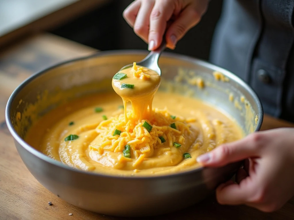Creamy cheddar cheese mixture being prepared for a cheese ring