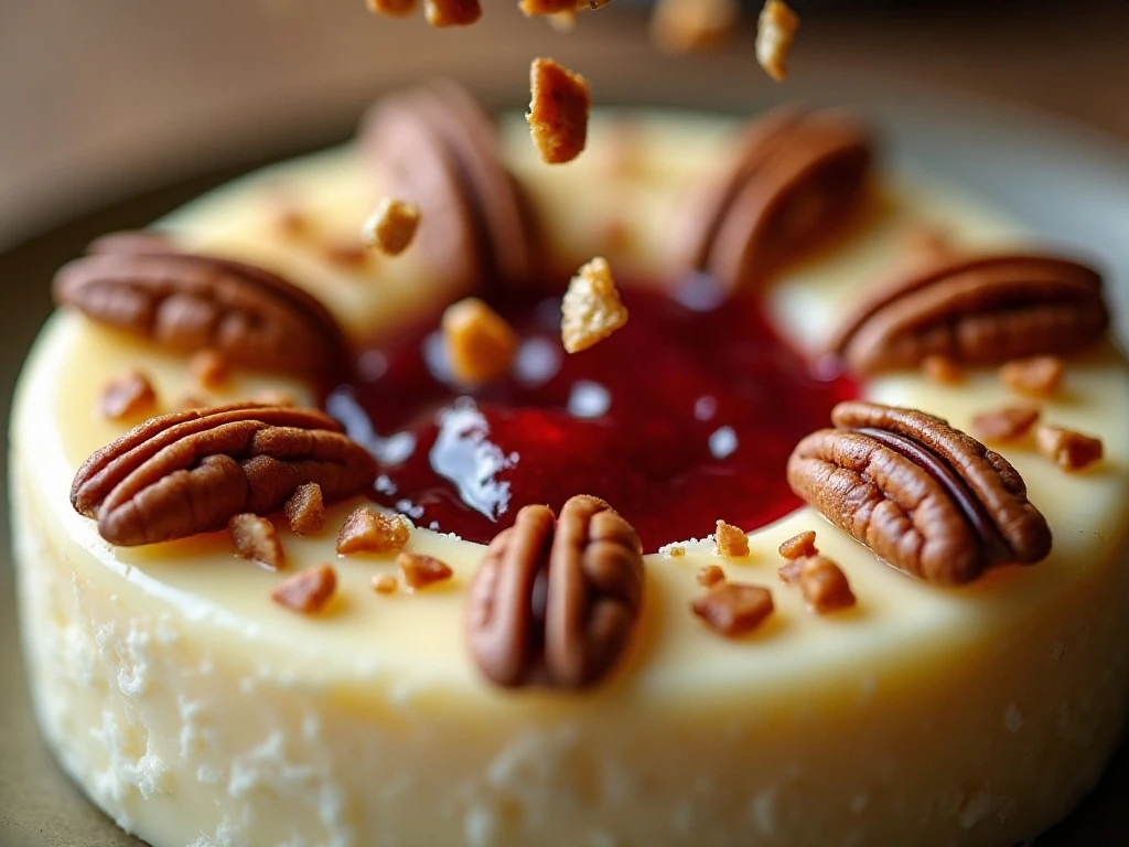Chopped pecans topping a cheese ring filled with strawberry preserves