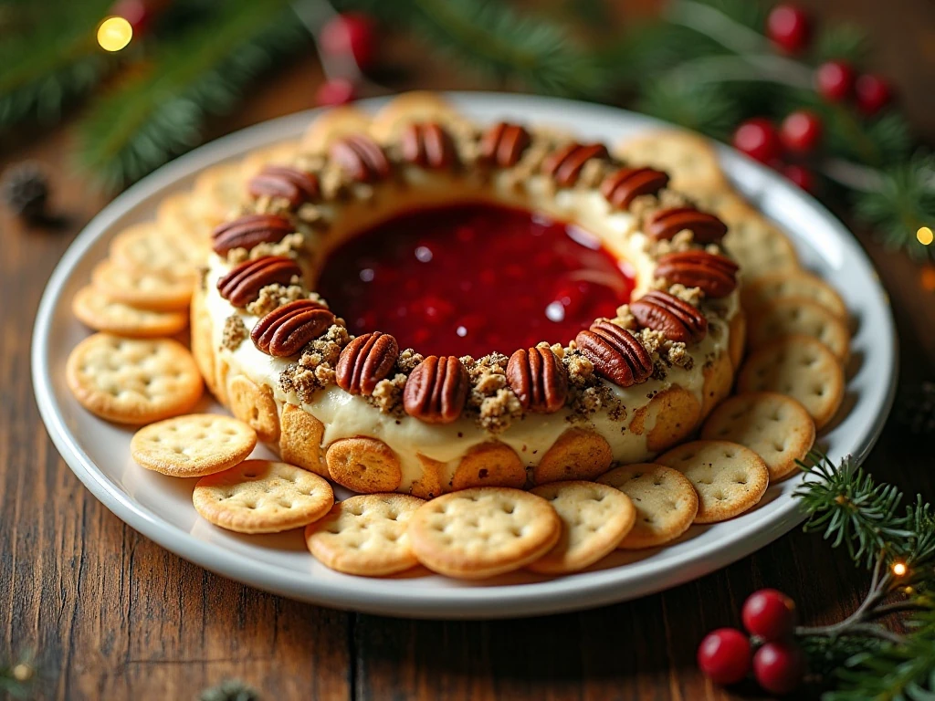 Holiday cheese ring centerpiece surrounded by assorted crackers