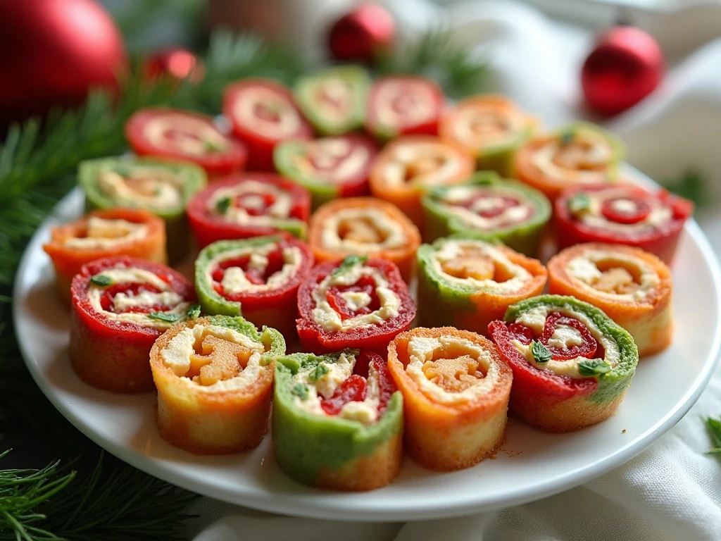 Festive cream cheese pinwheels arranged on a holiday appetizer platter