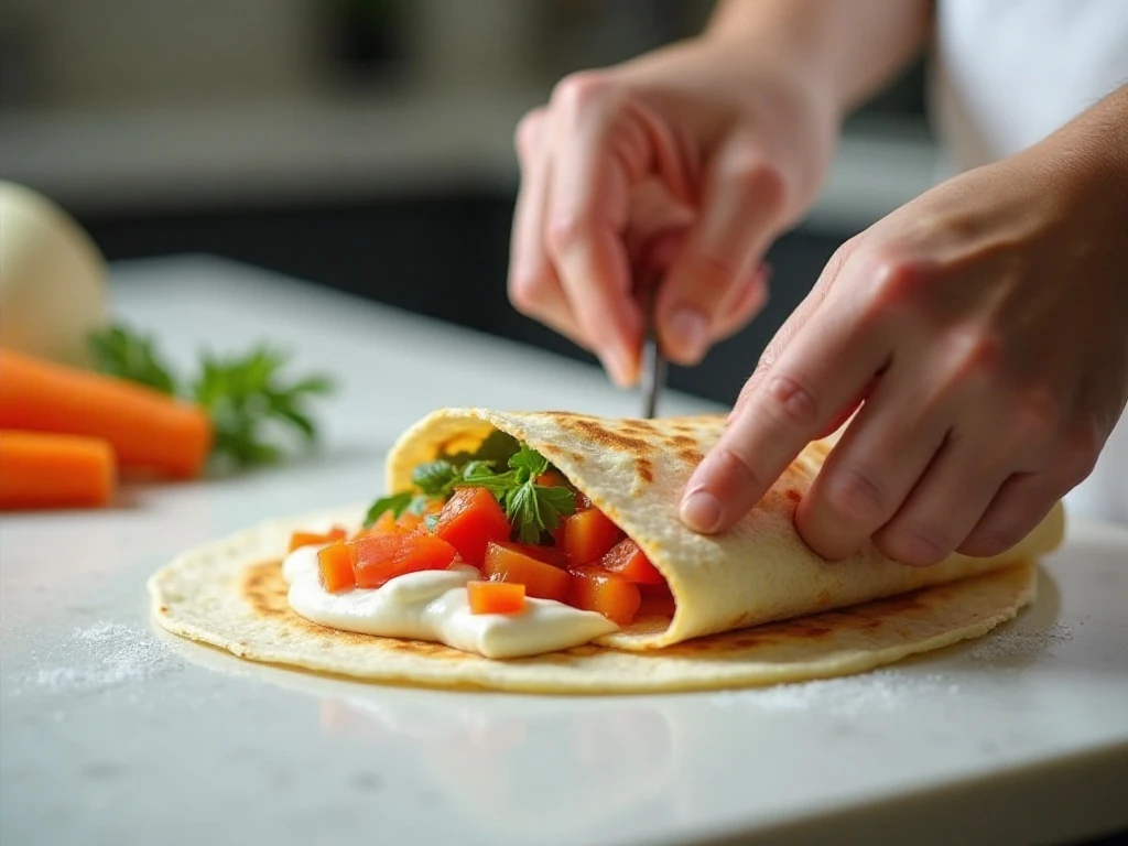 Spreading cream cheese vegetable filling over a flour tortilla